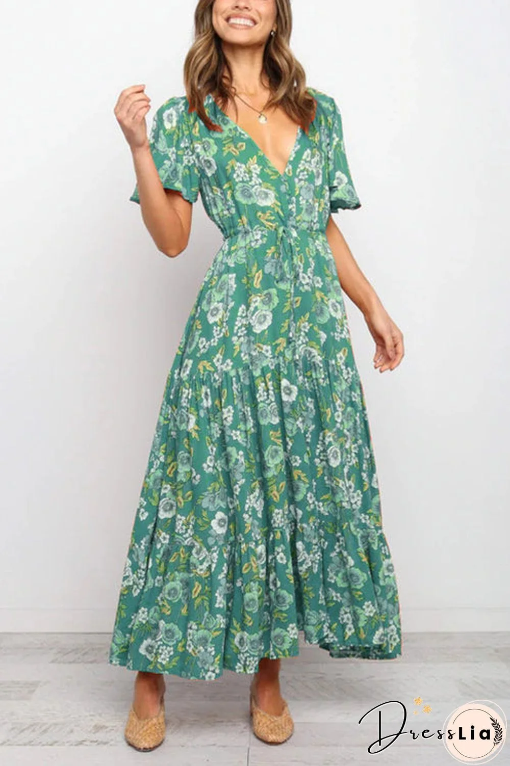 Floral V Neck Tie Waist Maxi Dress