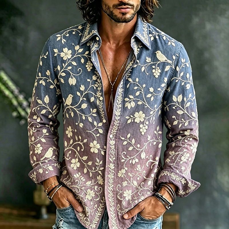 Comstylish Men's Retro Floral And Birds Gradient Art Pattern Casual Shirt