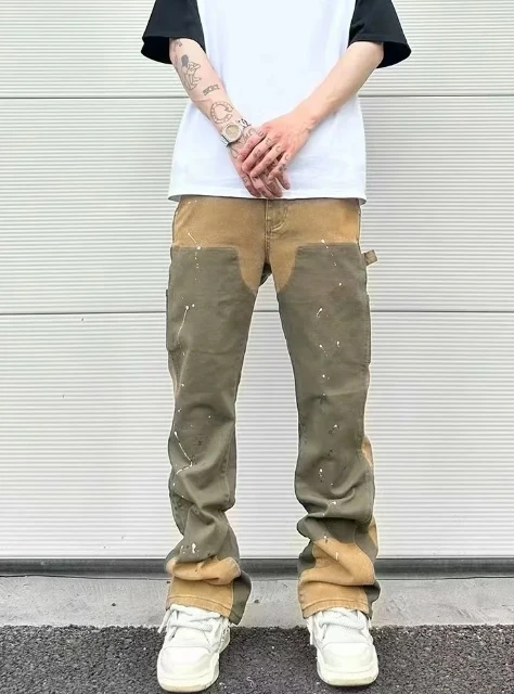 Hedirax fall outfits y2k European and American high street men's washed jeans retro personalized straight-leg splicing flared pants trendy denim trousers