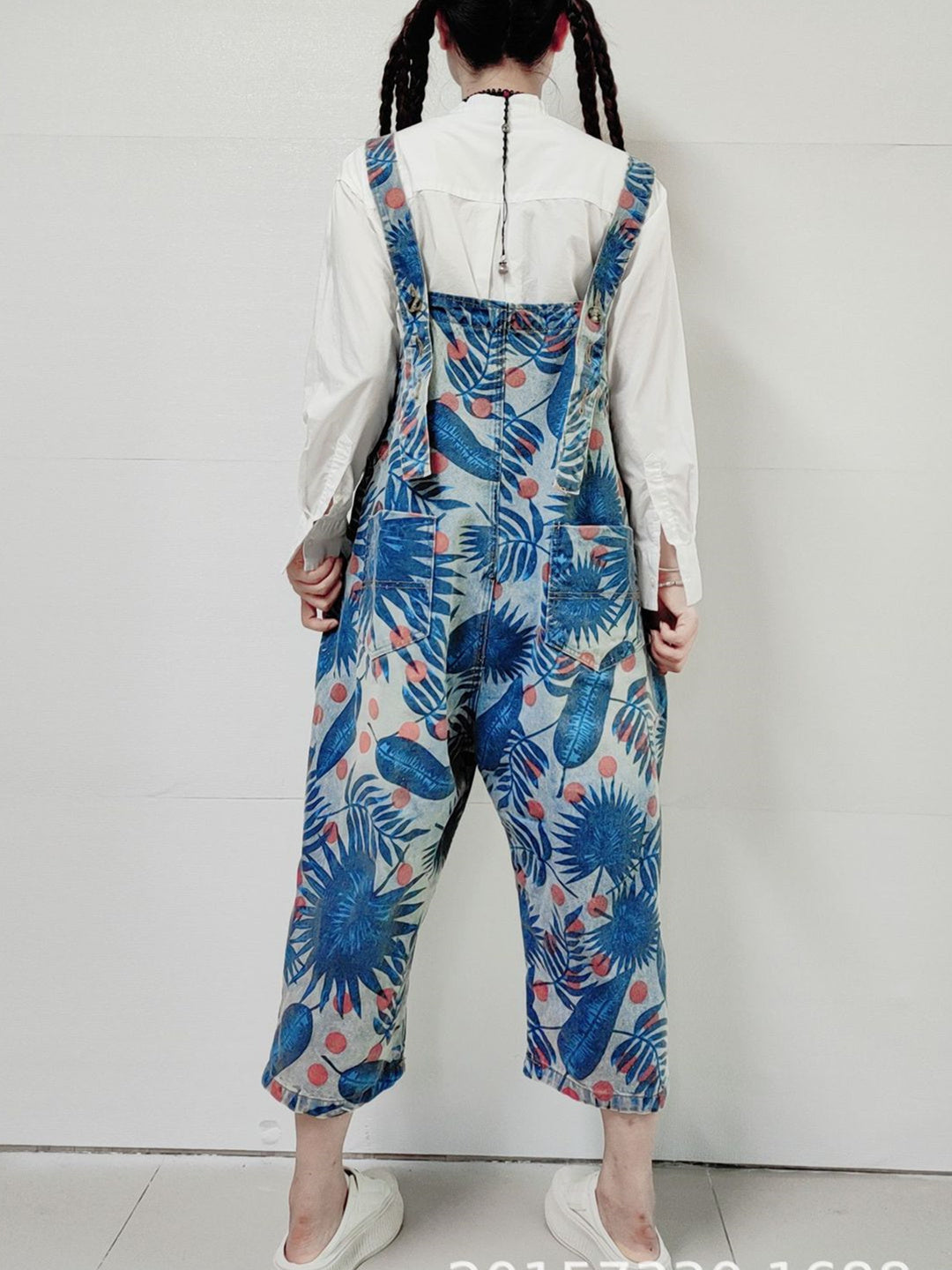 Women's Hole Floral Printed Casual Retro Cropped Workwear Denim Overalls Jumpsuit