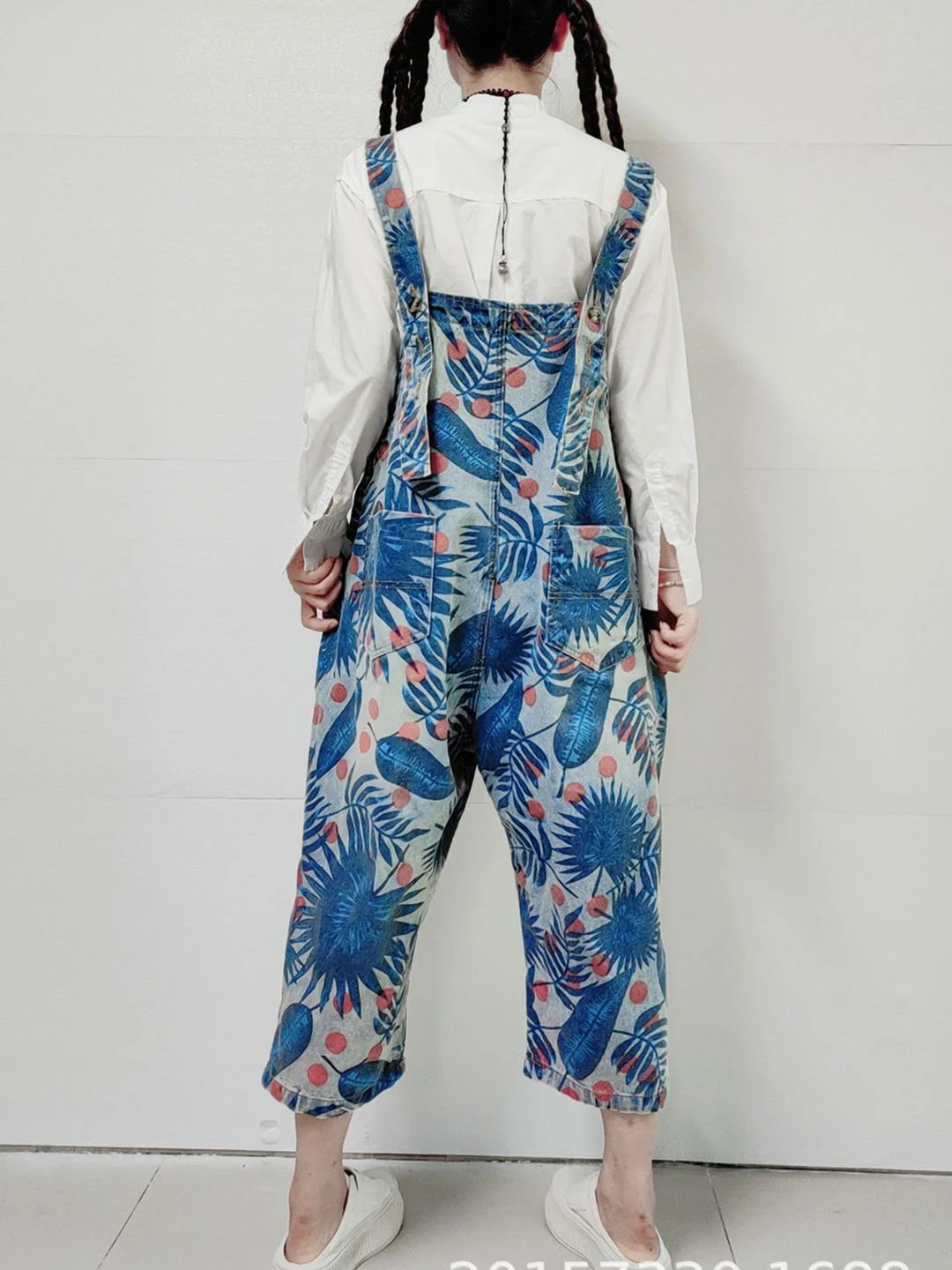 Women's Hole Floral Printed Casual Retro Cropped Workwear Denim Overalls Jumpsuit