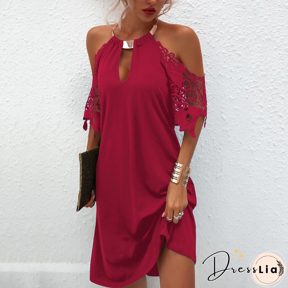 Women's Fashion Sexy Dress Evening Party Mini Dress Strapless Dresses Up Short Sleeve Lace Dew Shoulder Halter Neck Solid Color