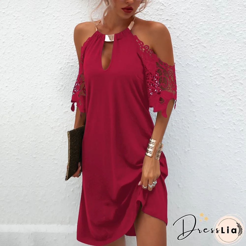 Women's Fashion Sexy Dress Evening Party Mini Dress Strapless Dresses Up Short Sleeve Lace Dew Shoulder Halter Neck Solid Color
