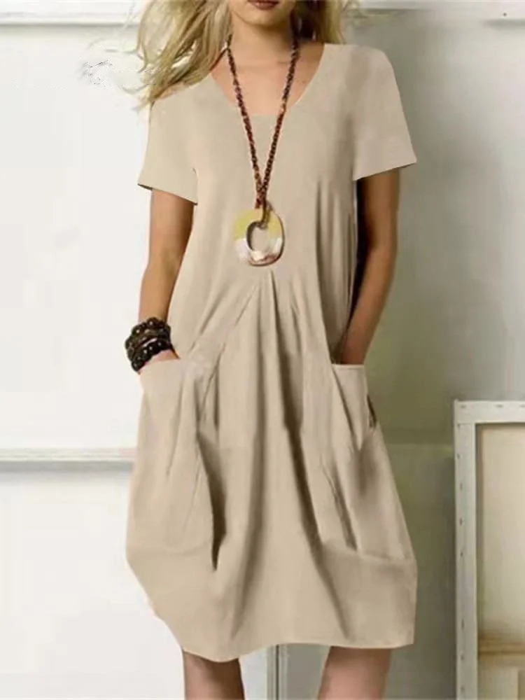 Women's Solid Color Loose Elegant Casual Cotton And Linen Dress