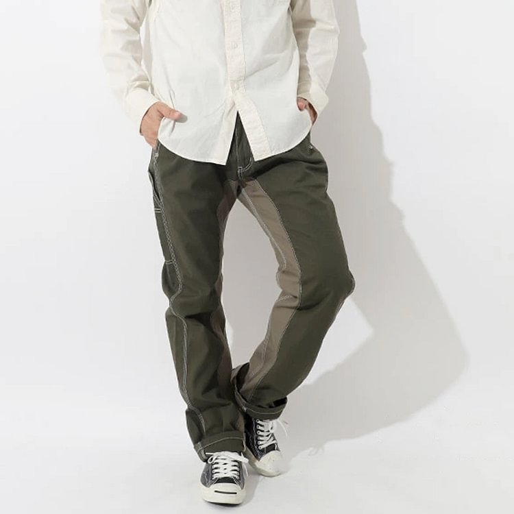Fashion Two-color Stitching Straight-leg Army Green Trousers