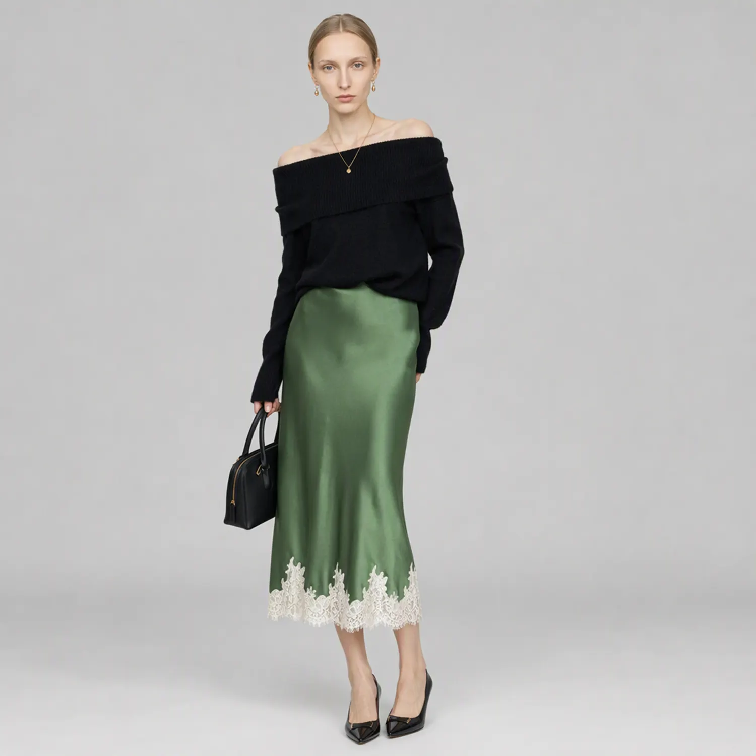 Women's Mulberry Silk Skirt Bias-Cut Maxi Lace-Trim Hem REAL SILK LIFE