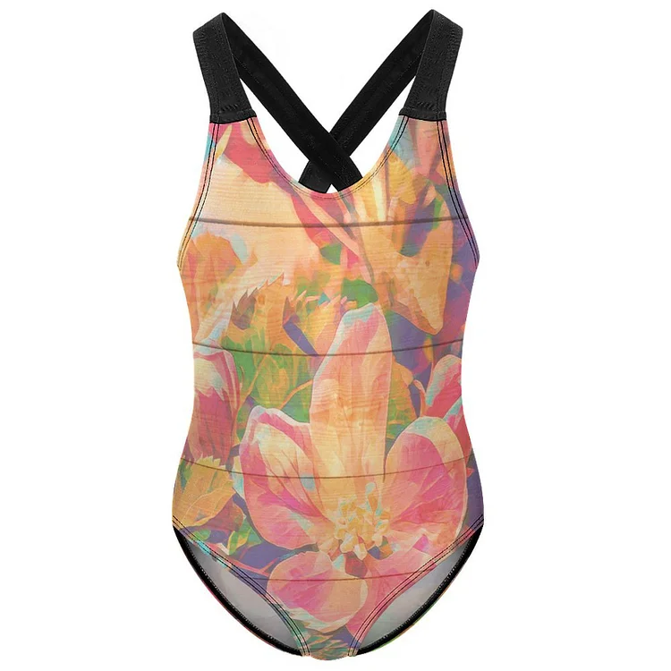 Children's One-piece Swimsuit Oil Painting, Flowers, Wood Engraving