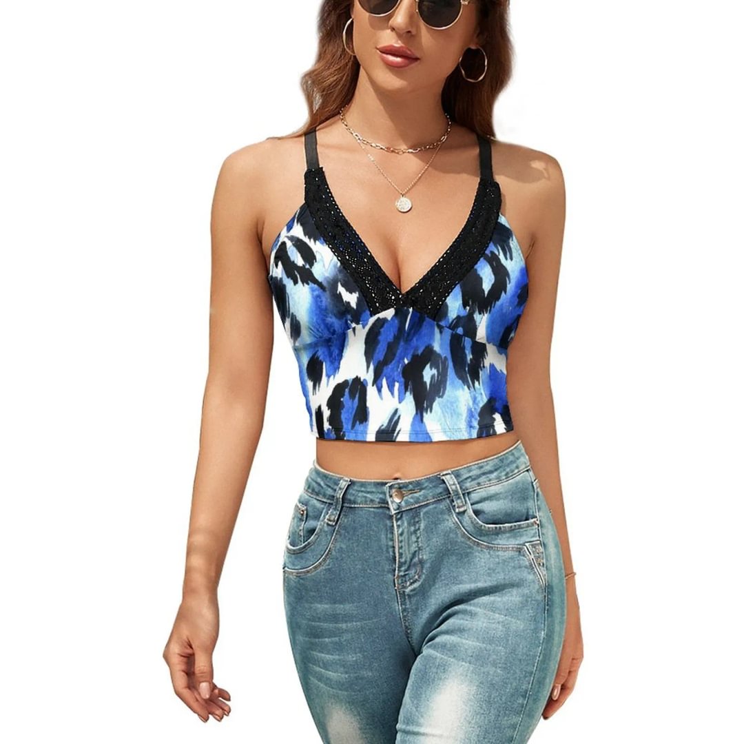 Animal Prints Lace Sleeveless Vest Women's Sexy V-Neck Camisole Strappy Crop Cami Tops - neewho