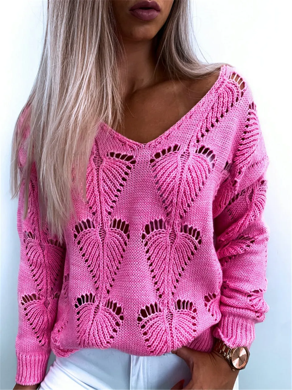Fashion Women Autumn Winter Sweaters Hollow Out Design See Throough V-Neck Long Sleeve Solid Color Casual Loose Knitted Top
