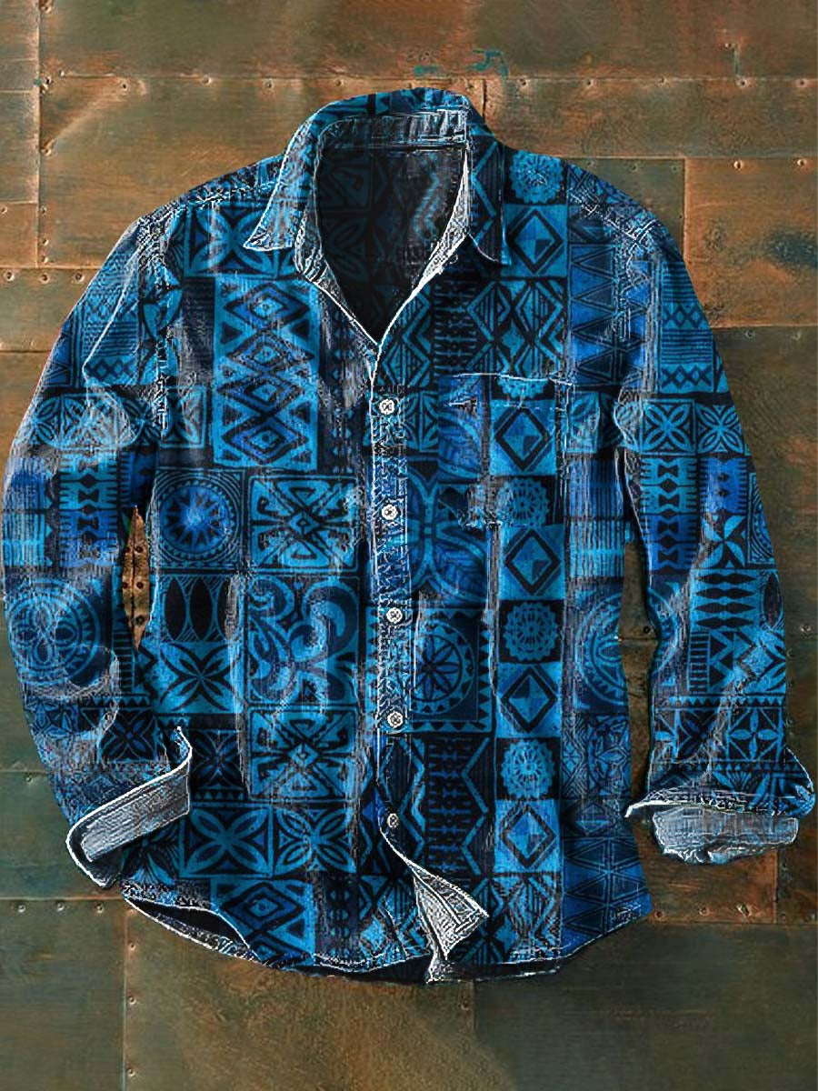Men's Vintage Tribal Ethnic Print Casual Lapel Long Sleeve Shirt