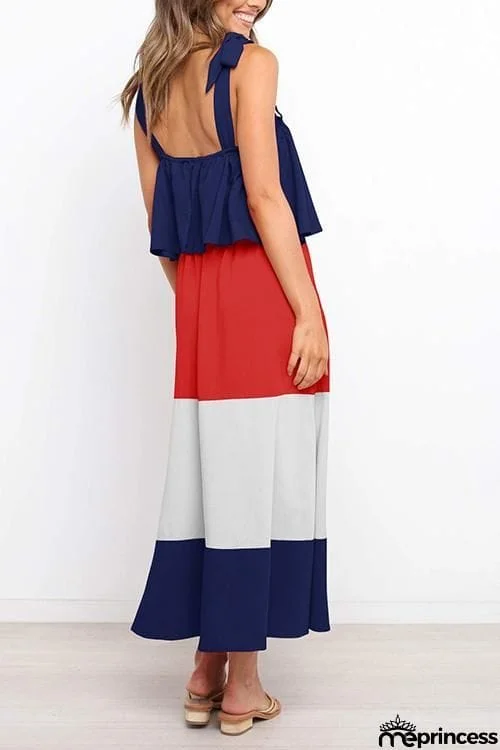 Color Block Bow Slip Maxi Dress