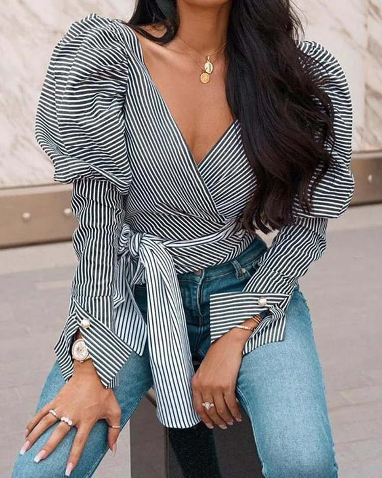 Lamb Sleeve Striped V Neck Top