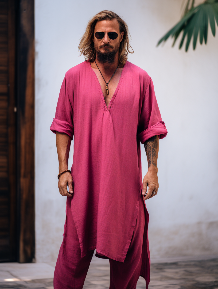 Dark Pink Men Linen V-neck Kaftan Solid Long Caftan