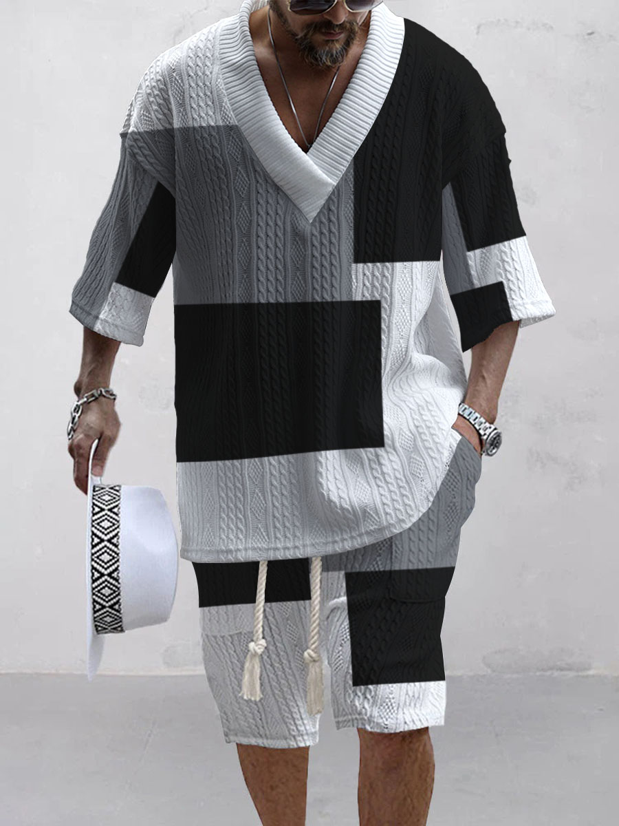 Men's Minimalistic Block Art Casual Printing Stylish Knit Shirt Set
