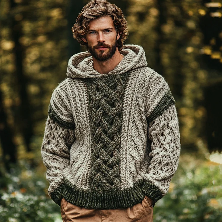 Men's Irish Celtic Knotted Chunky Knit Jacquard Hooded Sweater