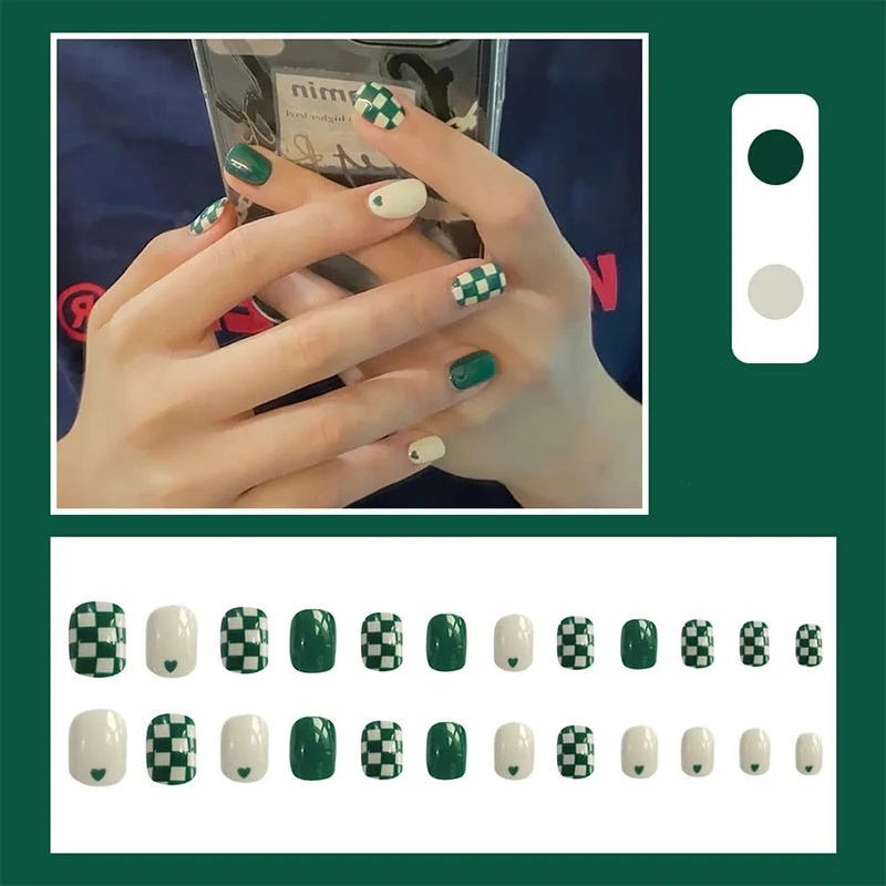 false nails short Green Solid Color with Gold Foil and Shell 3D Decoration Fake Nails Cute Bride Fake Nails Full Nail Tips-Nail Inspo