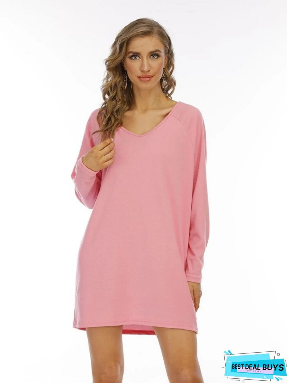 Solid Color Long Sleeve V-neck Dress