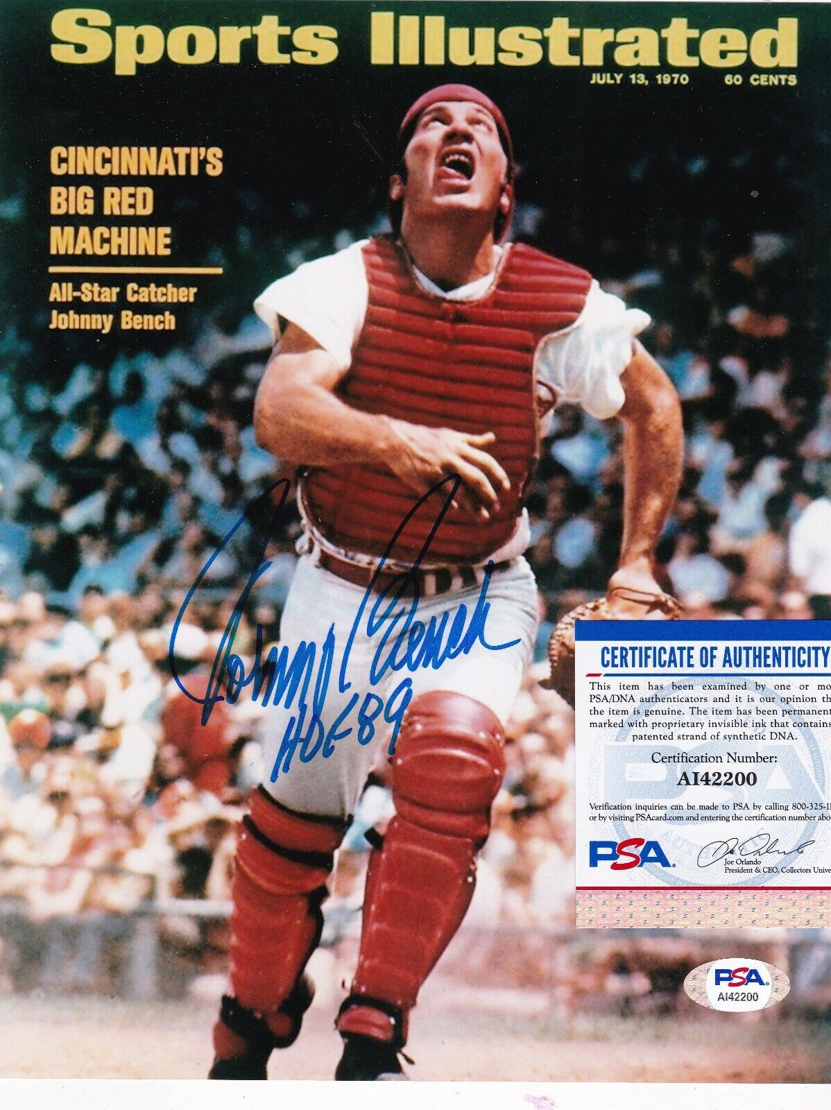 JOHNNY BENCH CINCINNATI REDS HOF 89 SPORTS ILLUSTRATED COVER PSA SIGNED 8x10