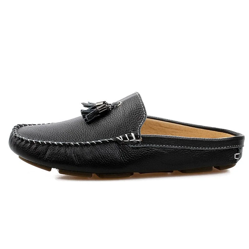 Tassel Half Shoes For Men Summer Genuine Leather Loafer Slip-On Slippers Casual Backless Driving Loafers For Man Mule Masculino