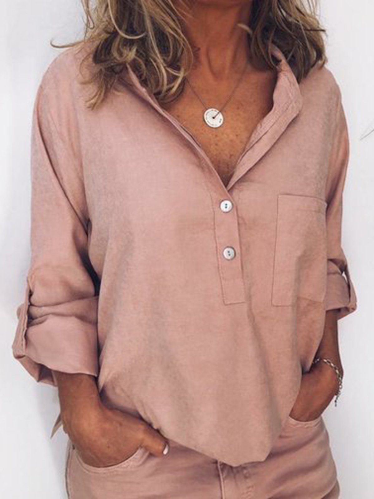 Casual Linen Pockets Long Sleeve Blouses&shirts