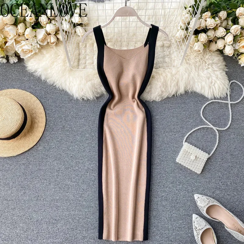 Oocharger Sexy Dress Panelled Knitted Spring Summer 2023 Vestidos V Neck High Waist Fashion Ins V Neck Midi Dresses Ladies 14246