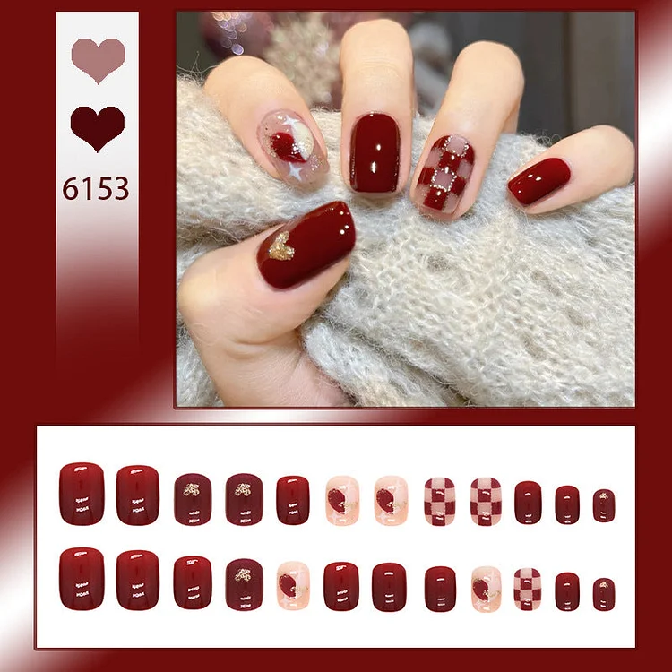 【Flash Sale】Red Checkerboard Wearable Nails Finished Manicure