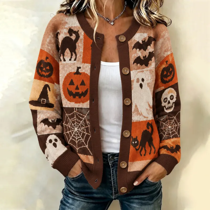 Comstylish Women's Halloween-themed Patchwork Sweater Cardigan With Pumpkins And Ghosts