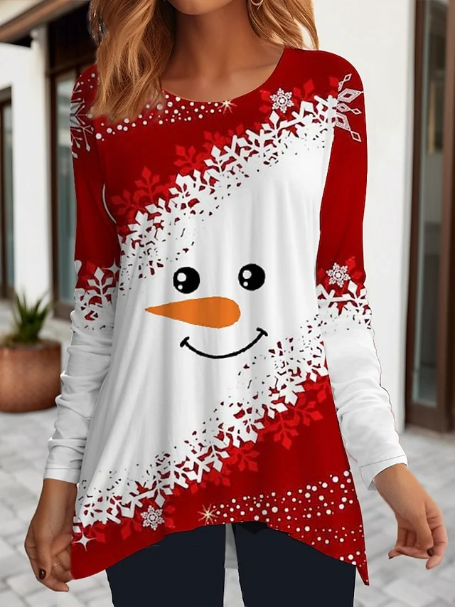 Women's T shirt Tee Christmas Shirt Red Snowman Flowing tunic Print Long Sleeve Party Christmas Weekend Festival / Holiday Christmas Round Neck Regular Fit Painting Spring &  Fall
