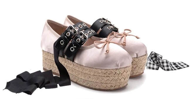 VCSHOES Girl's Bowtie Platform Sole Ballet Flats Shoes Woman Graid Riband Bandage Braided Thick Sole Round Toe Fishman Shoes