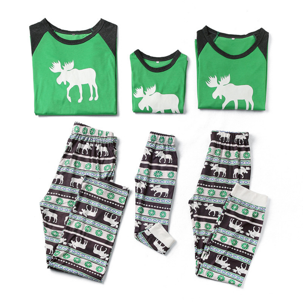 Christmas Elk Printed Green Parent-child Pajama Set
