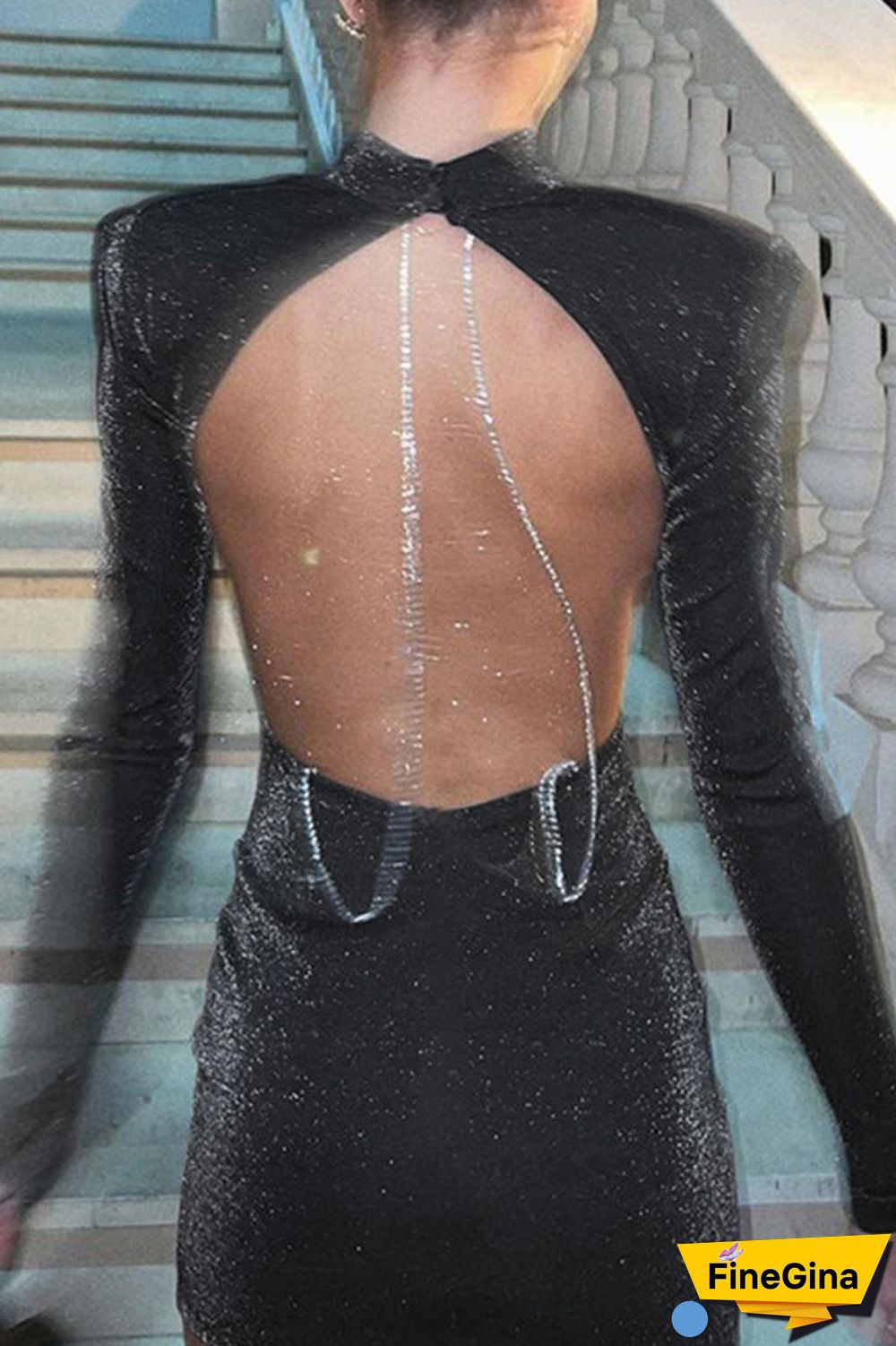 Black Sexy Solid Patchwork Chains Backless O Neck Pencil Skirt Dresses