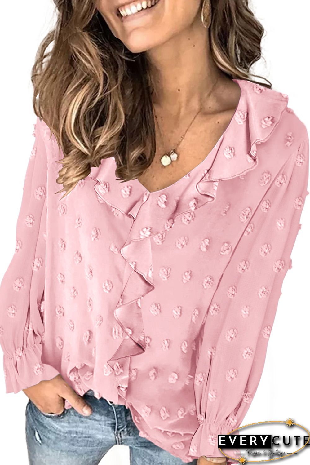 Pink Bubble Sleeve V Neck Ruffles Fuzzy Polka Dot Blouse