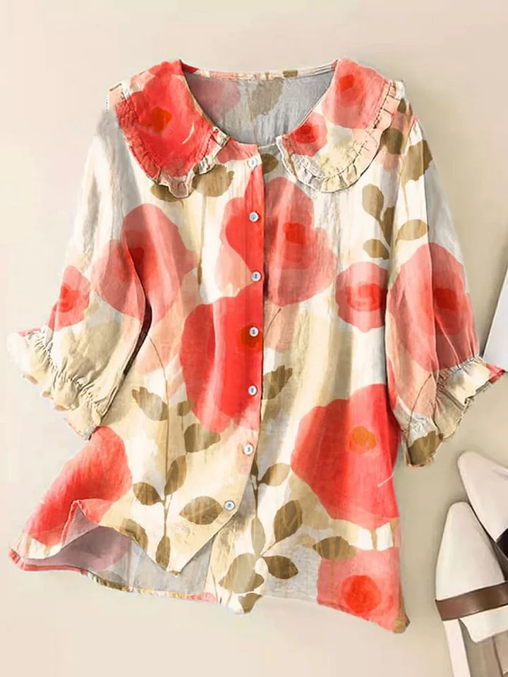 Women Vintage Flower Art Print Loose Peter Pan Collar Half Sleeve Blouses