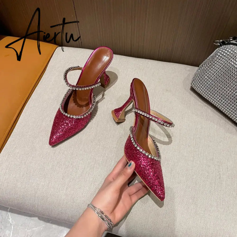 Aiertu Summer New Pointed Toe Rhinestone Sequined Stiletto Slippers Leopard Print Baotou Half Drag Sandals Aiertu