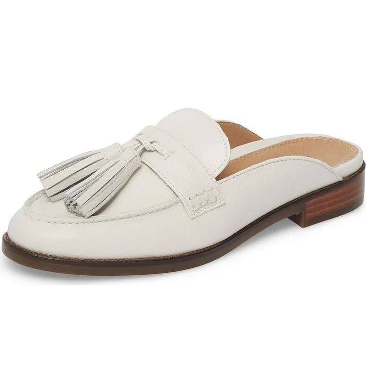 Ivory Round Toe Comfy Flats Fringe Mule Loafers for Women |FSJ Shoes
