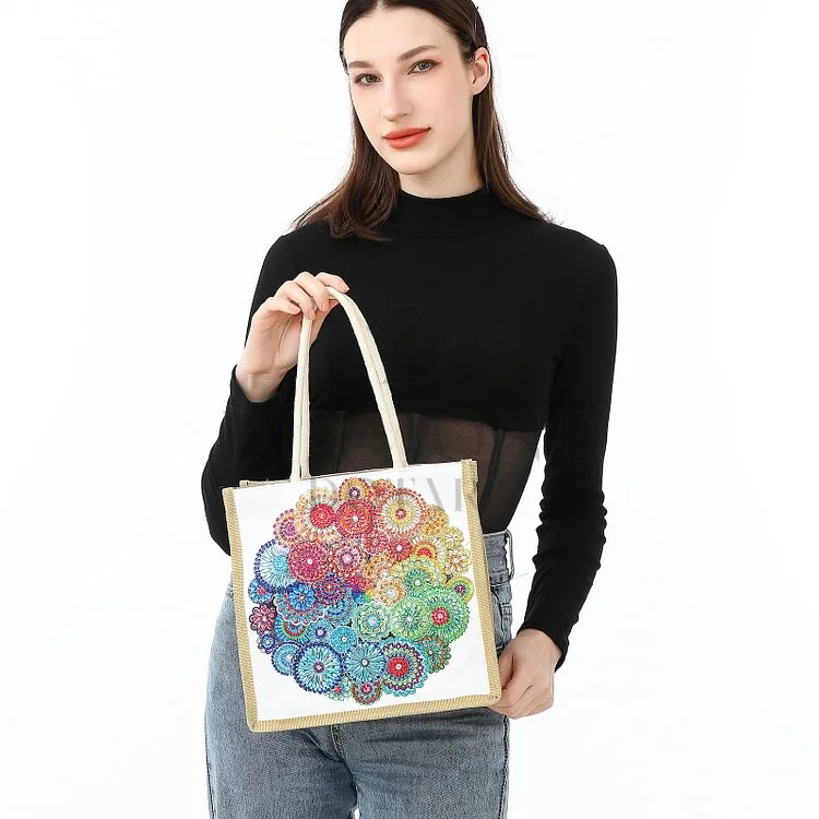 DOOSAI 4 Pack Mandala Flowers Series 3 Diamond Painting Dots Dotz Art Kits Canvas Tote Bags Boho 5D DIY Handbags Handmade Gifts Reusable Shopping