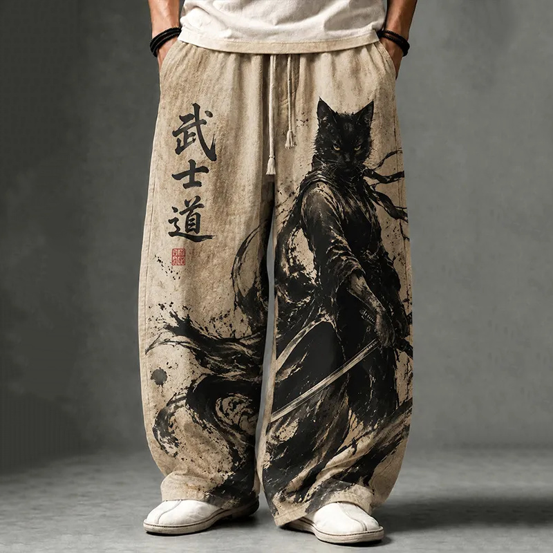 Men's Japanese Bushido Black Cat Samurai Ink Painting Art Print Loose Drawstring Waist Pants  artssus