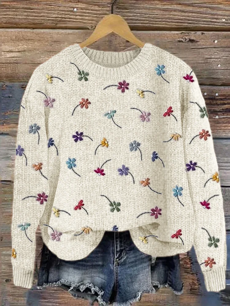 VChics Colorful Floral Embroidery Pattern Cozy Knit Sweater