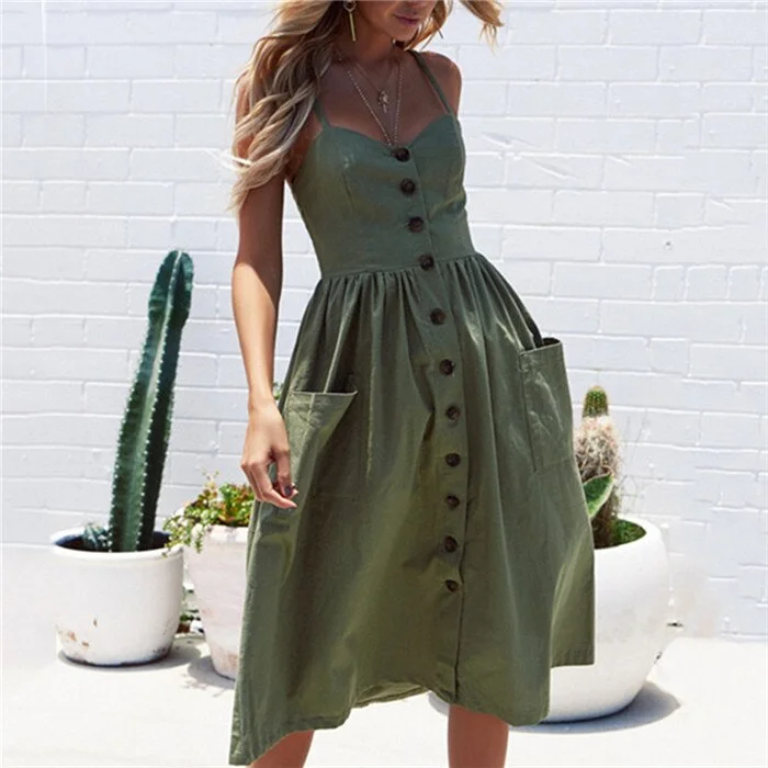 Summer Women Dress Sexy Backless Solid Spaghetti Strap Beach Sundress Casual Button Pocket Sleeveless Female Dress Plus Size