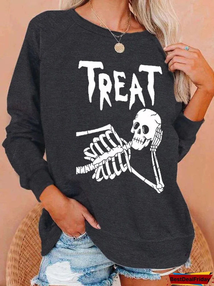 Halloween Skull Print Long Sleeve Sweatshirt