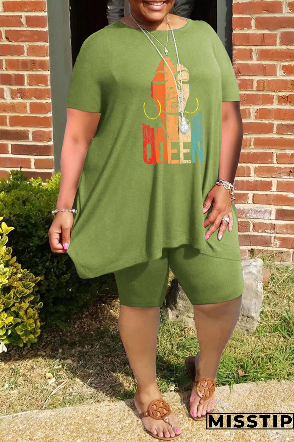 Grey Fashion Casual Print Basic O Neck Plus Size Two Pieces
