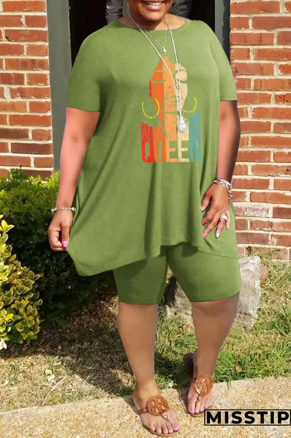 Grey Fashion Casual Print Basic O Neck Plus Size Two Pieces