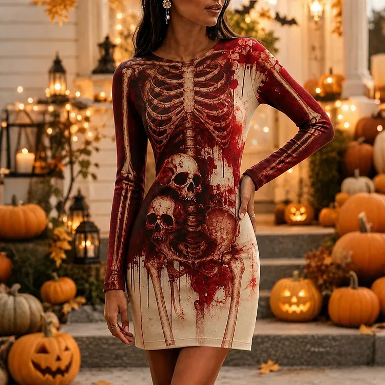 Women's Halloween Gothic Skeleton Art Print Mini Dress