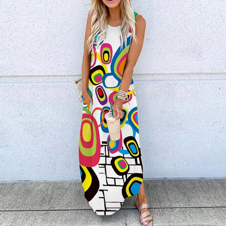 Crew Neck Print Slit Sleeveless Dress-Mayoulove