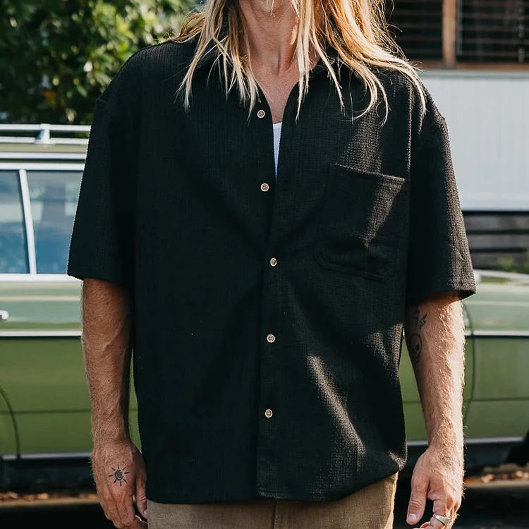 Men's Cotton And Linen Textured Short-Sleeved Black Shirt