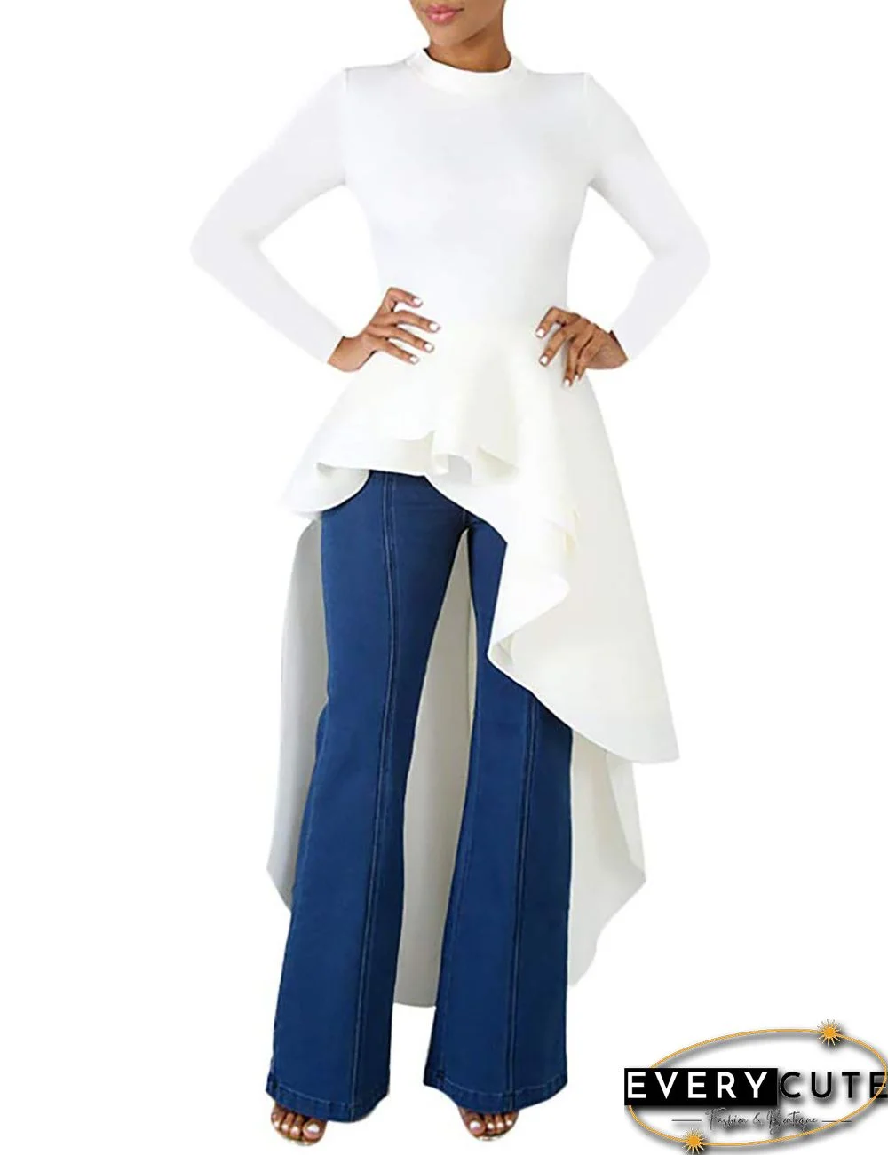 White Ruffle High Low Asymmetrical Long Sleeve T-Shirt Dress