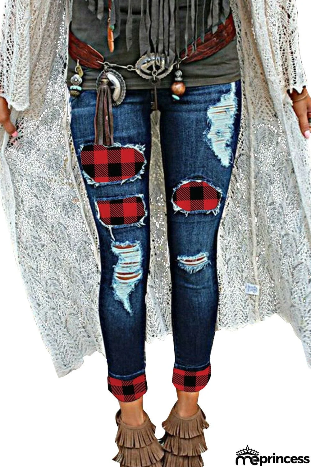 Distressed Buffalo Plaid Cuffed Jeans