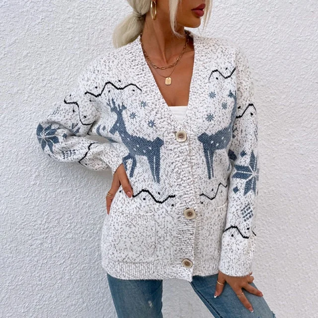 Ugly Christmas Sweater Cardigan Reindeer Knitwear for Xmas-elleschic