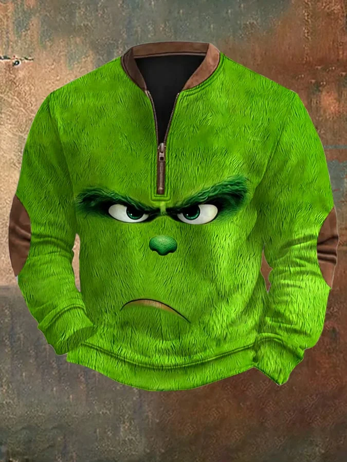Men'S Vintage Knitted Printed Zipper Collar Christmas Sweatshirt
