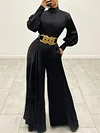 Fashion Solid Color High-Neck Long Sleeve Puff Sleeve Wide Leg Jumpsuit